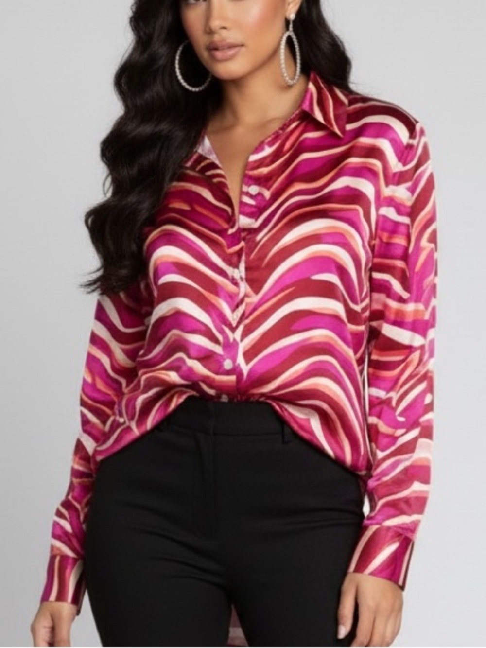 BiBi Fuchsia, Magenta & Cream Abstract Wave Button-Down Shirt
